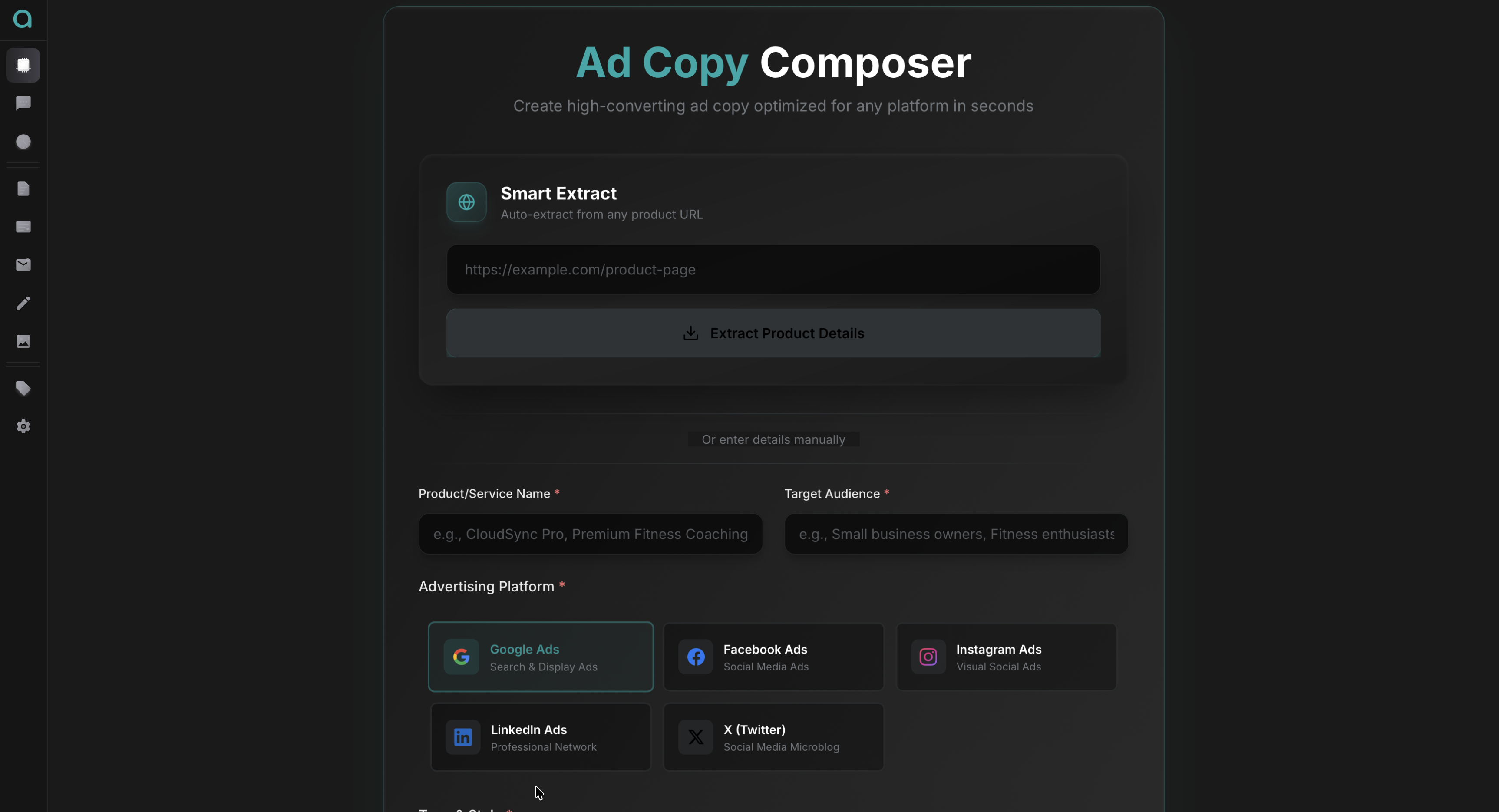 AI Ad Copy Composer Interface - Platform-Optimized Ad Generation